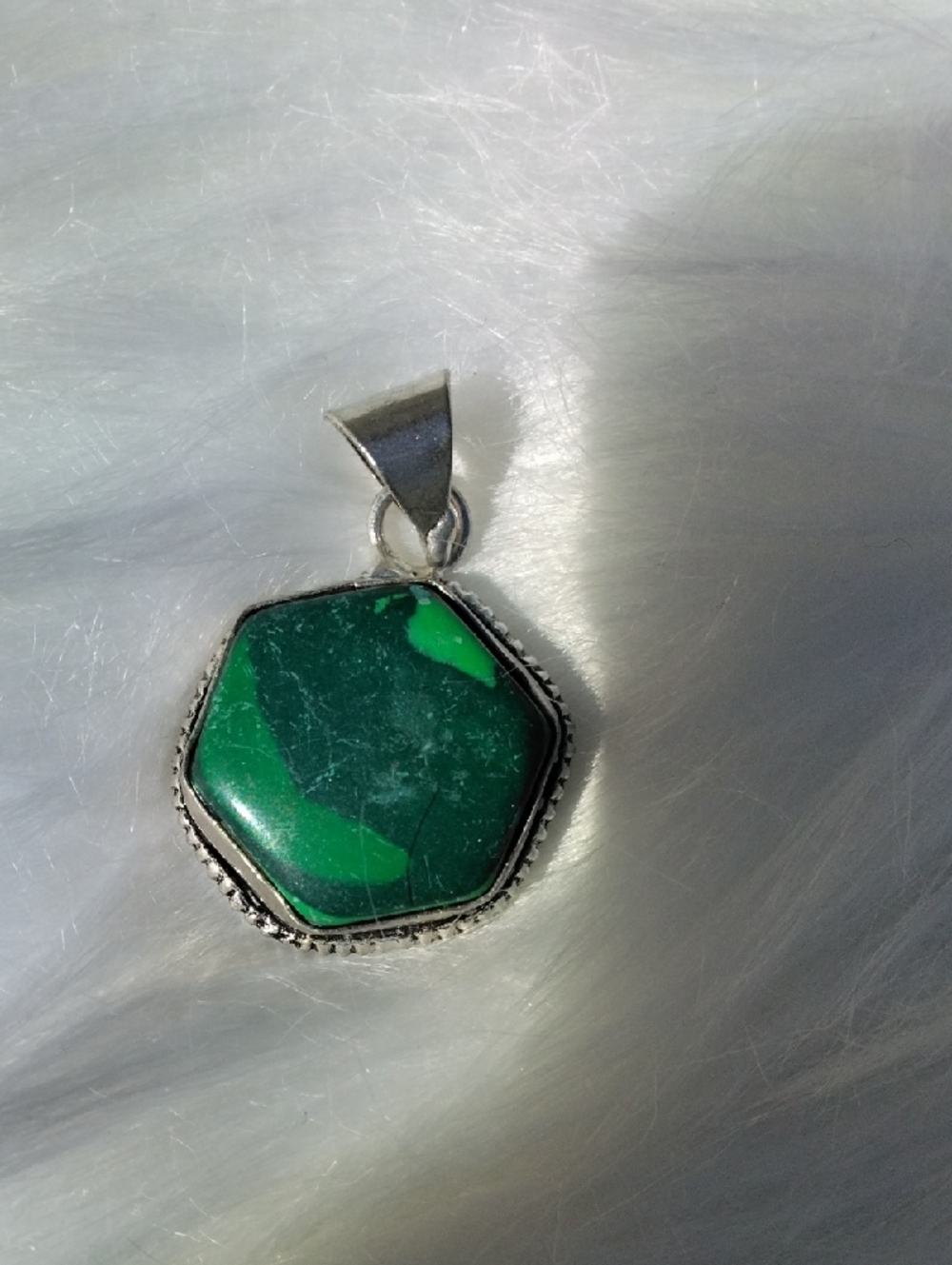 Faux Malachite Scratched Silver Plated Stone Necklace Pendant
